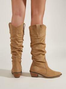 Botas arrugadas sintética de punta con tacón grueso - Marrón - Ver 5