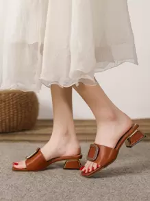 Women's High Heel Slide Sandals, Fashion Strap Open Toe Comfortable Square Toe Slippers - Brown - View 2