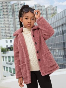 SHEIN Girls Pocket Patched Teddy Coat - Dusty Pink - View 1