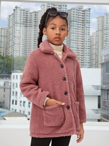 SHEIN Girls Pocket Patched Teddy Coat - Dusty Pink - View 6