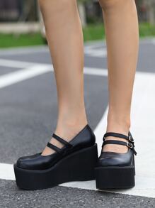 搭扣裝飾坡跟瑪麗珍鞋 - 黑色 - 查看 2