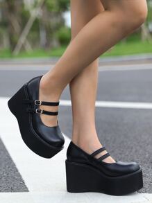 搭扣裝飾坡跟瑪麗珍鞋 - 黑色 - 查看 3