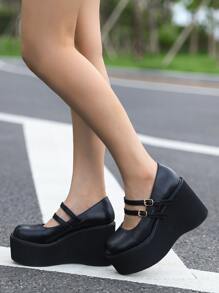 搭扣裝飾坡跟瑪麗珍鞋 - 黑色 - 查看 5