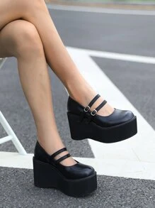 搭扣裝飾坡跟瑪麗珍鞋 - 黑色 - 查看 7