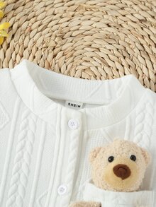 Toddler Girls Pocket Front Textured Jacket With Bear Doll - White - View 7