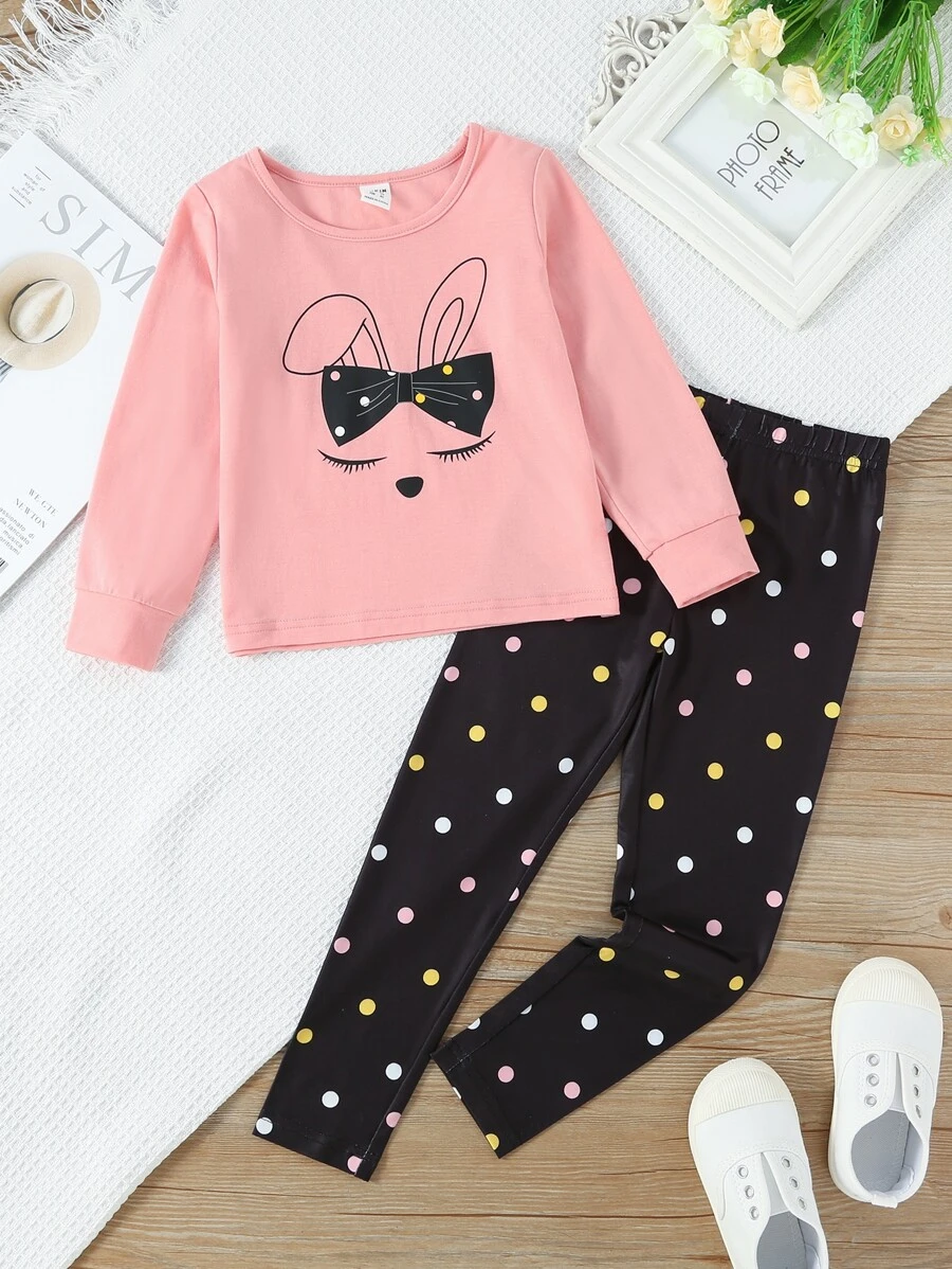 SHEIN 小女童卡通圖案運動衫和波卡圓點長褲 - 彩色 - 查看 1