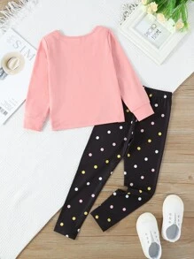 SHEIN 小女童卡通圖案運動衫和波卡圓點長褲 - 彩色 - 查看 2