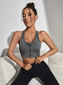 Sujetador deportivo con cremallera delantera jaspeado de espalda nadador - Gris Oscuro - Ver 4