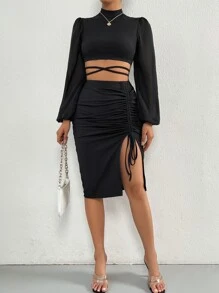 Chiquease Bộ đồ hai mảnh nữ Tương phản Mesh Hội Chữ thập Dây kéo Xù Buộc lại Tách cao màu trơn Gợi cảm - màu đen - Xem 3