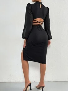 Chiquease Bộ đồ hai mảnh nữ Tương phản Mesh Hội Chữ thập Dây kéo Xù Buộc lại Tách cao màu trơn Gợi cảm - màu đen - Xem 2