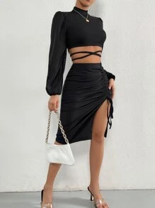 Chiquease Bộ đồ hai mảnh nữ Tương phản Mesh Hội Chữ thập Dây kéo Xù Buộc lại Tách cao màu trơn Gợi cảm - màu đen - Xem 4