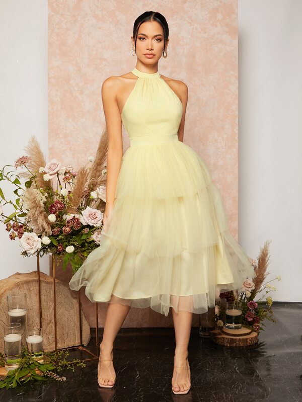 SHEIN Belle Halter Neck Layered Hem Mesh Bridesmaid Dress Tulle Dress Elegant Prom Semi Formal Wedding Guest Dress, For Birthday, Graduation, Homecoming Party Dress