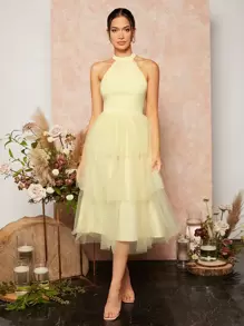 SHEIN Belle 繞頸多層下擺網紗伴娘連衣裙 - 黃色 - 查看 7