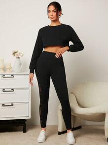 拼接幾何網紗寬腰帶緊身打底褲 - 黑色 - 查看 4