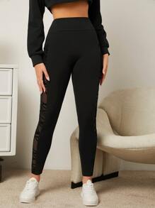 拼接幾何網紗寬腰帶緊身打底褲 - 黑色 - 查看 1