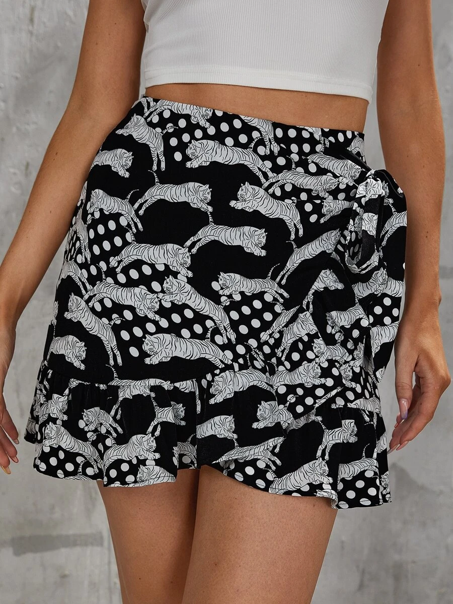 Leopard Print Polka Dot Knot Side Ruffle Hem Skirt - Black and White - View 1
