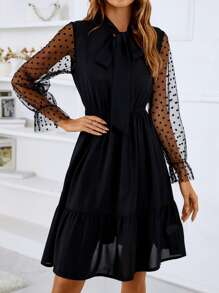 SHEIN Clasi Vestido de malla jacquard de manga con volante de cuello con cordón bajo con fruncido - Negro - Ver 5