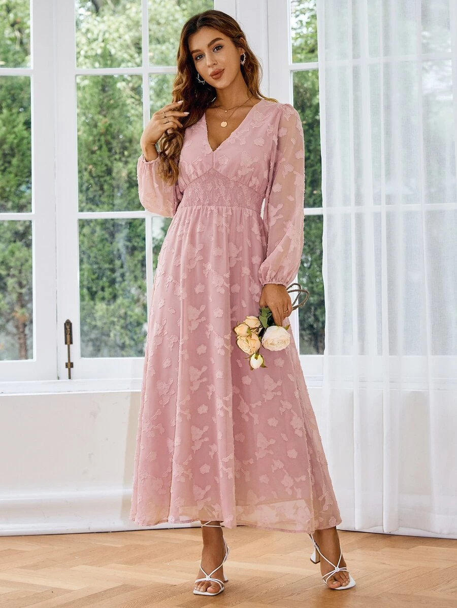 Simplee Jacquard Shirred Waist Chiffon Dress - Dusty Pink - View 1