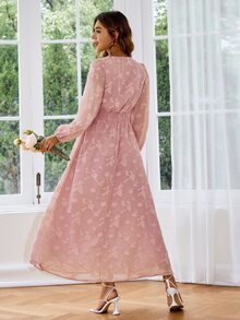 Simplee Jacquard Shirred Waist Chiffon Dress - Dusty Pink - View 2