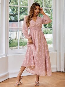 Simplee Jacquard Shirred Waist Chiffon Dress - Dusty Pink - View 5