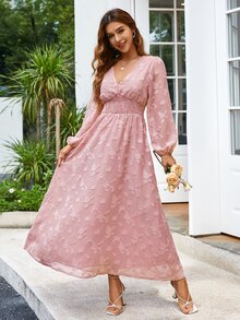 Simplee Jacquard Shirred Waist Chiffon Dress - Dusty Pink - View 6