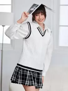 Easelle Cable Knit Striped Trim Tank Top - White - View 1