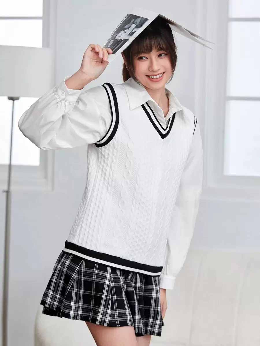 Easelle Cable Knit Striped Trim Tank Top - White - View 1