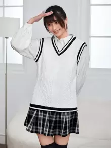 Easelle Cable Knit Striped Trim Tank Top - White - View 3