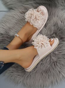 Fall/Winter Women Flower Decor Bedroom Slippers, Fashionable Open Toe Slippers For Daily - Beige - View 2