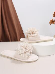 Fall/Winter Women Flower Decor Bedroom Slippers, Fashionable Open Toe Slippers For Daily - Beige - View 3