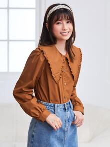 SHEIN Privé 褶邊燈籠袖襯衫 - 咖啡棕 - 查看 1