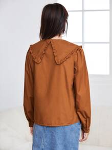 SHEIN Privé 褶邊燈籠袖襯衫 - 咖啡棕 - 查看 2