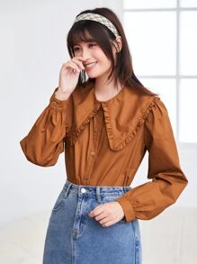 SHEIN Privé 褶邊燈籠袖襯衫 - 咖啡棕 - 查看 3