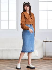 SHEIN Privé 褶邊燈籠袖襯衫 - 咖啡棕 - 查看 4