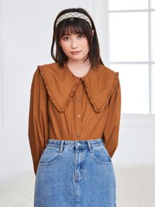 SHEIN Privé 褶邊燈籠袖襯衫 - 咖啡棕 - 查看 5