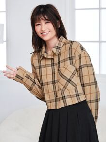 Muchica 格紋補丁貼口袋落肩袖短款襯衫