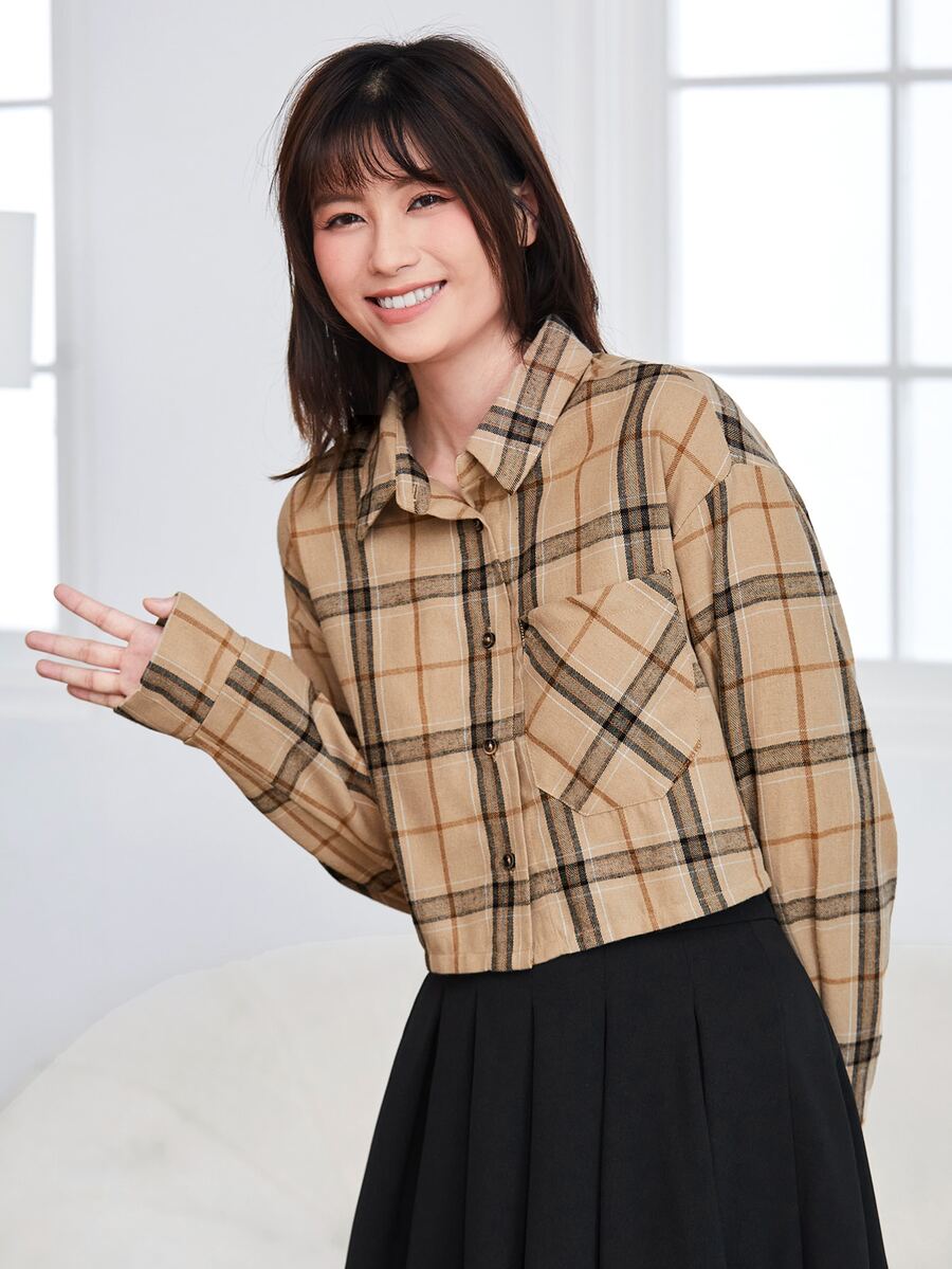 Muchica 格紋補丁貼口袋落肩袖短款襯衫