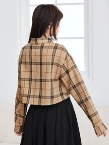 Muchica 格紋補丁貼口袋落肩袖短款襯衫