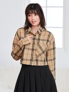 Muchica 格紋補丁貼口袋落肩袖短款襯衫