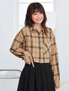 Muchica 格紋補丁貼口袋落肩袖短款襯衫