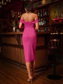Double Crazy Off Shoulder Ruched Bodycon Dress - Pink - View 2