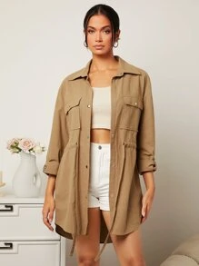 SHEIN Essnce 捲邊袖翻蓋口袋腰部抽繩襯衫 - 駝色 - 查看 5