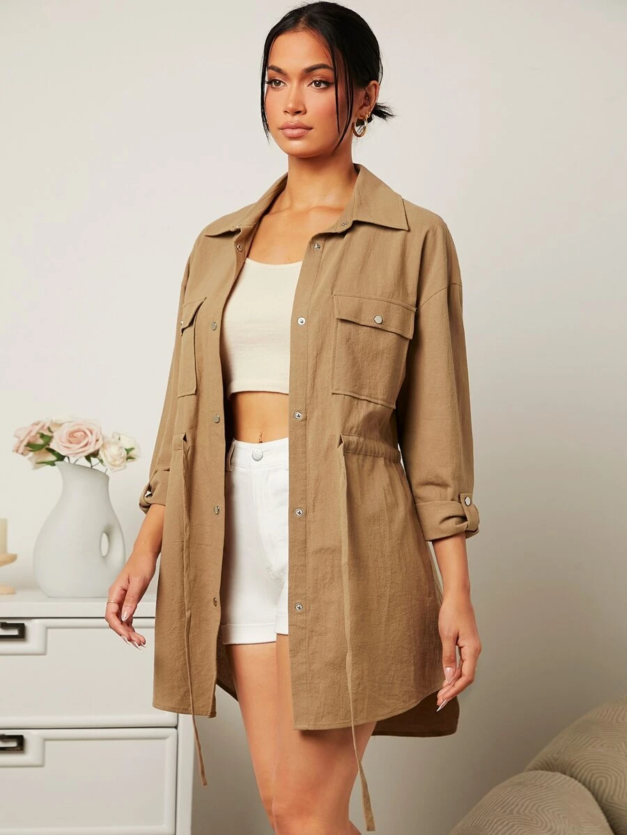 SHEIN Essnce 捲邊袖翻蓋口袋腰部抽繩襯衫 - 駝色 - 查看 1