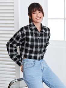 SHEIN Unity Plaid Print Drop Shoulder Crop Shirt,Long Sleeve Tops - Black - View 1