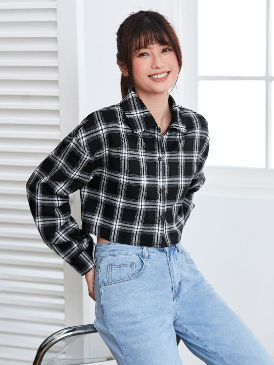 SHEIN Unity Plaid Print Drop Shoulder Crop Shirt,Long Sleeve Tops - Black - View 1