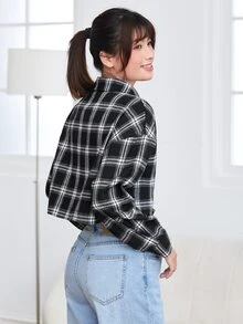 SHEIN Unity Plaid Print Drop Shoulder Crop Shirt,Long Sleeve Tops - Black - View 2