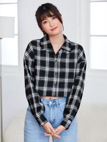 SHEIN Unity Plaid Print Drop Shoulder Crop Shirt,Long Sleeve Tops - Black - View 3