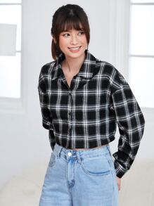 SHEIN Unity Plaid Print Drop Shoulder Crop Shirt,Long Sleeve Tops - Black - View 5