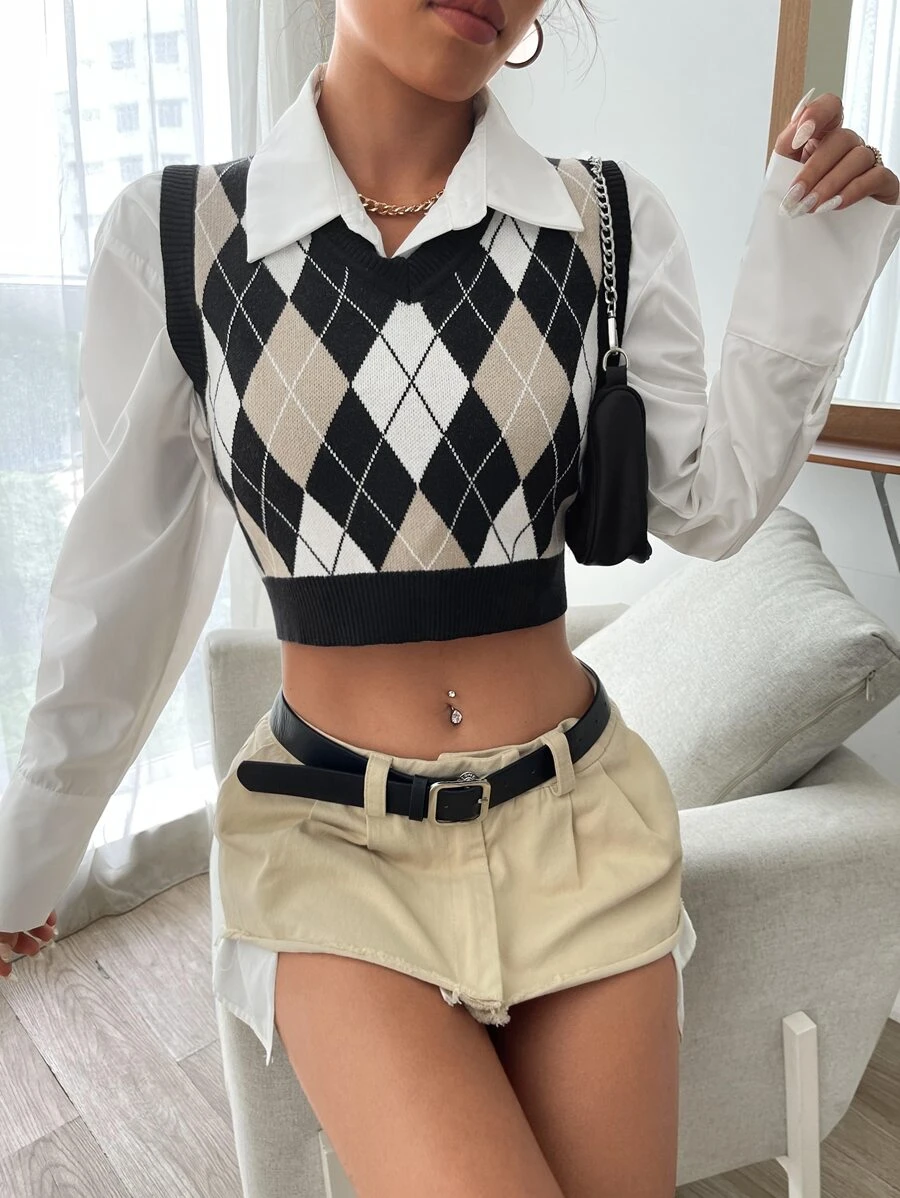 Muchica Áo len nữ vest Tương phản ràng buộc Hình học Sẵn sàng - Nhiều màu - Xem 1