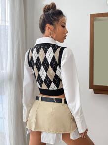 Muchica Áo len nữ vest Tương phản ràng buộc Hình học Sẵn sàng - Nhiều màu - Xem 2